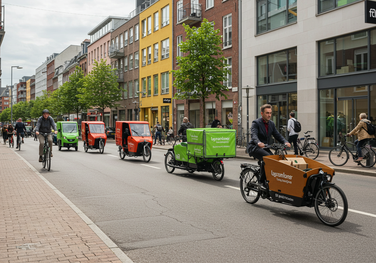 A delivery worker riding an eco-friendly cargo bike through a city, symbolizing sustainable last-mile delivery solutions for a greener future.