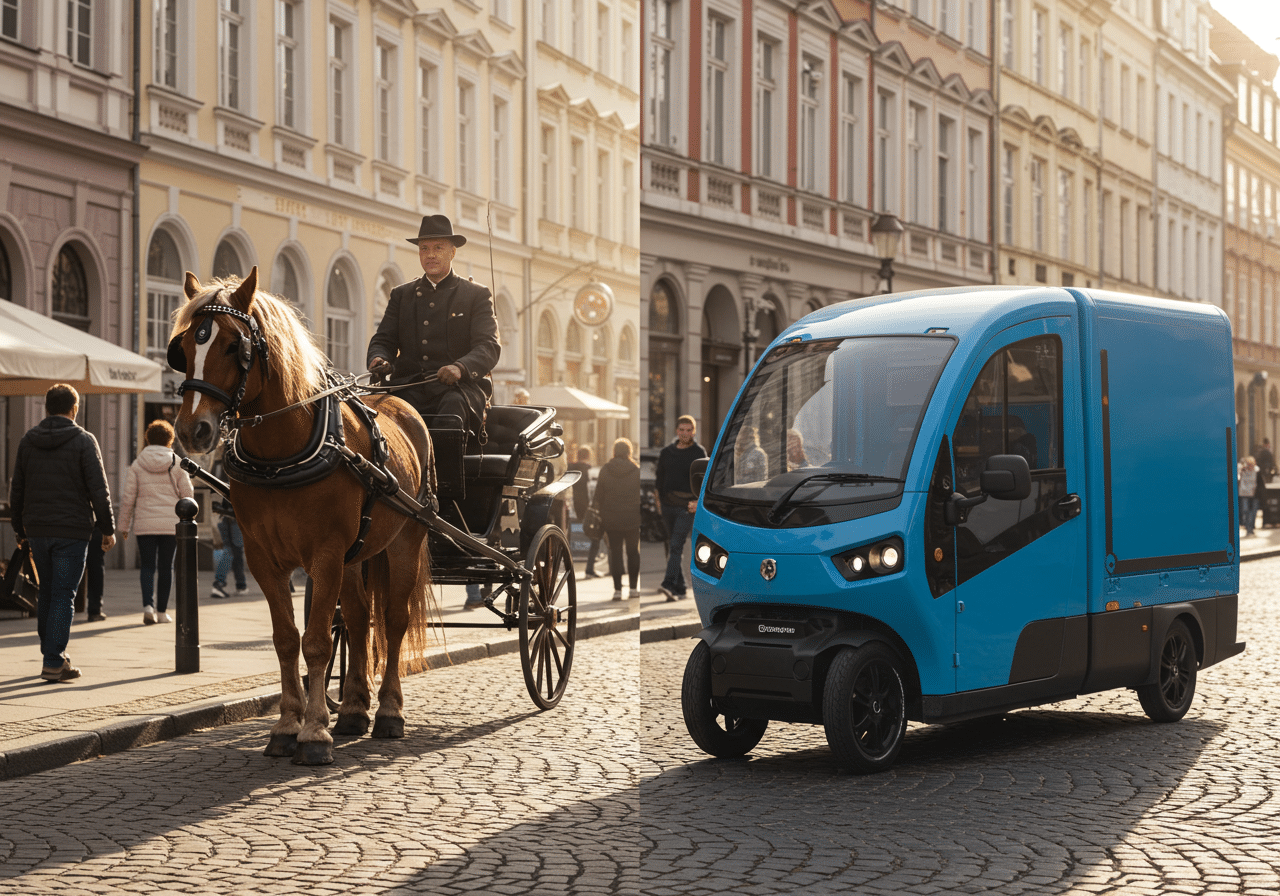 A side-by-side comparison of a traditional horse-drawn carriage and a modern eCargo bike, showcasing the evolution sustainable urban transportation solutions.