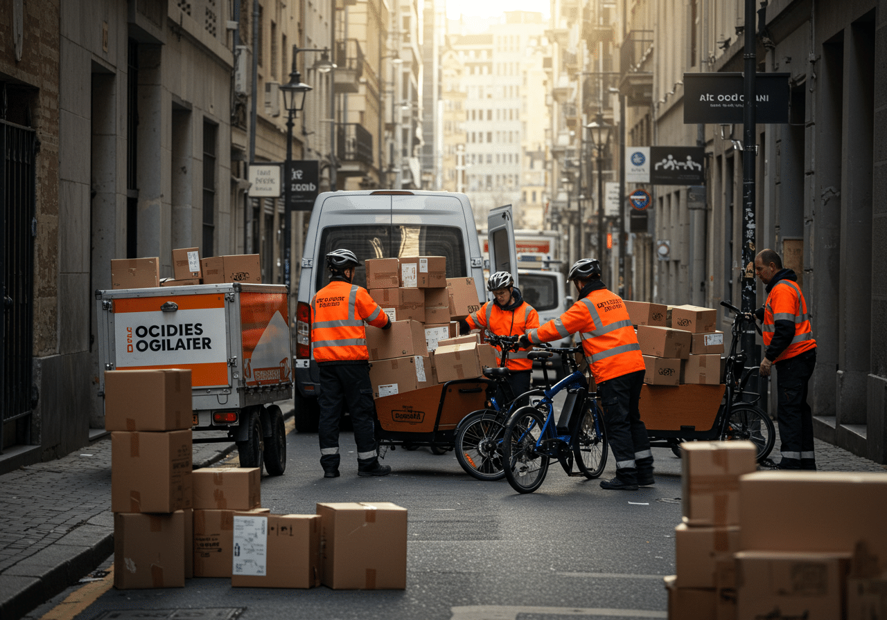 A modern urban micro-hub with eCargo bikes and electric delivery vehicles, showcasing an efficient and sustainable last-mile logistics solution.